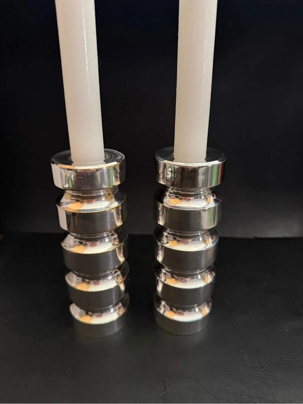 MCM Industrialist Brutalist Candlesticks Silver Plated Heavy Segmented Cylinders
